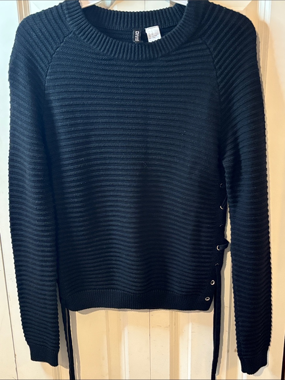 Divided Black Ribbed Crewneck Sweater with Side Tie Detail